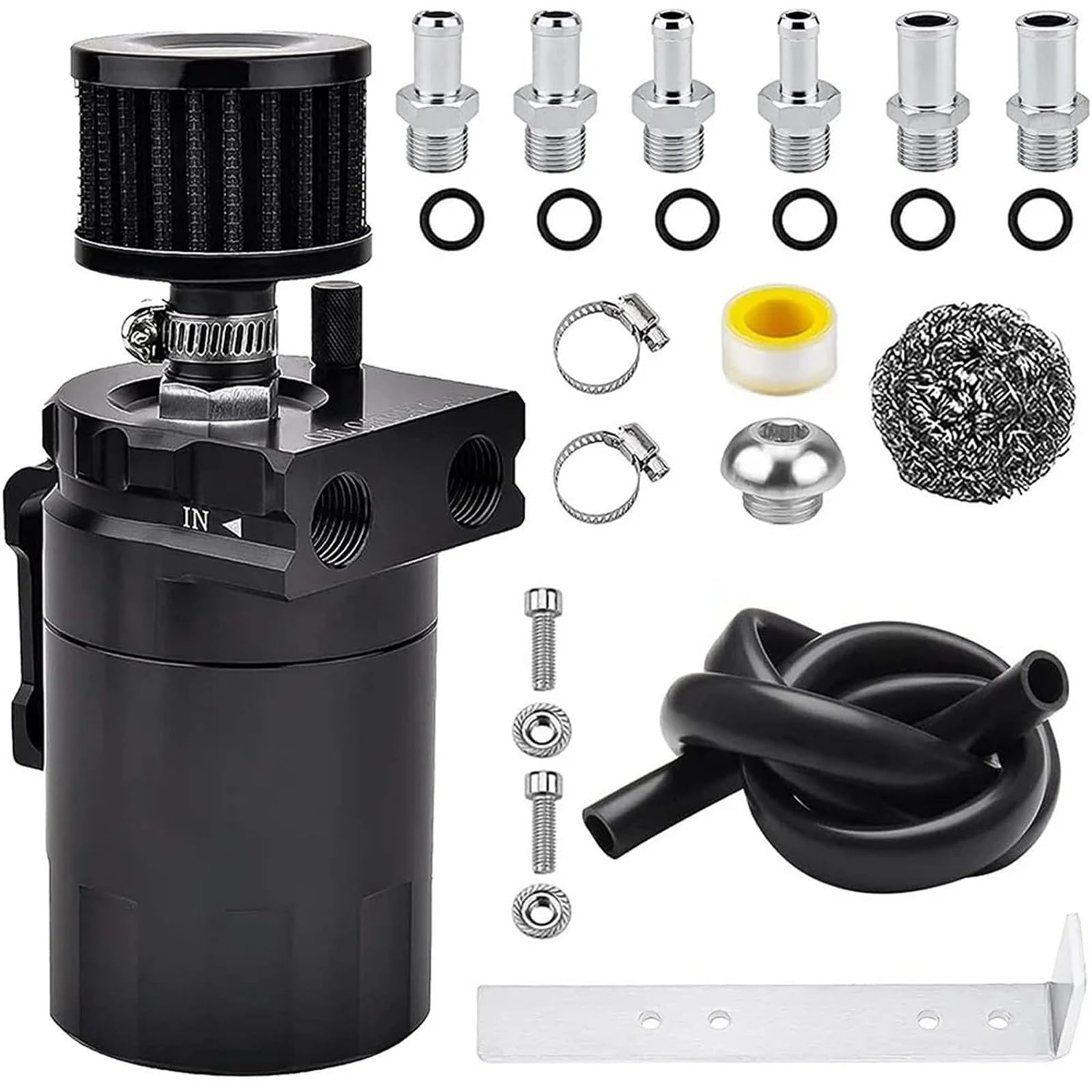 Crankcase Separator Kit Crankcase Oil Breather Zestaw do zbierania oleju, zbiornik z przegrodami i filtrem odpowietrzającym, uniwersalny aluminiowy(Black)
