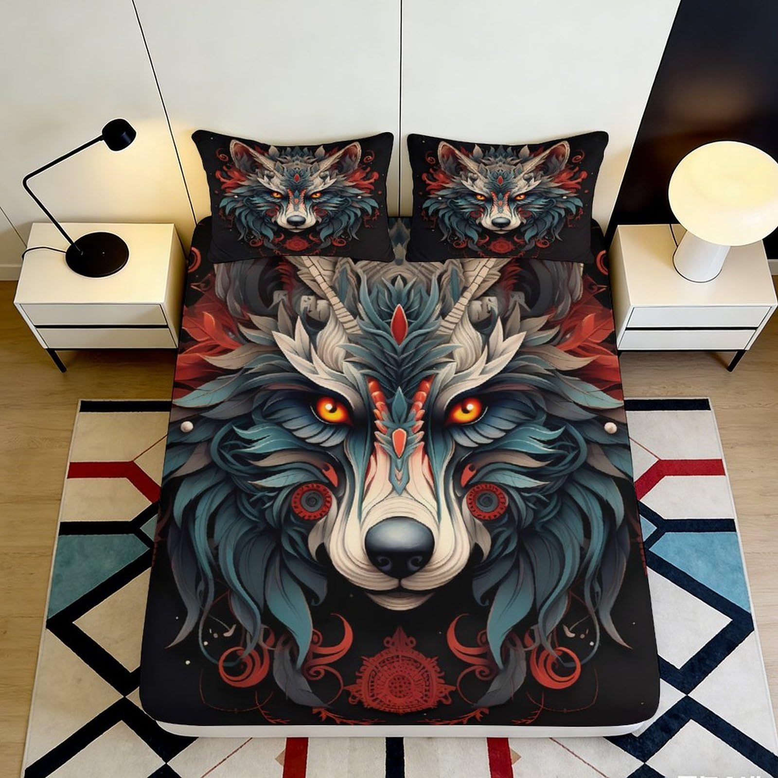3D Printed Wolf Head Fitted Sheet Microfiber Soft Breathable Tribal Pattern Mattress Cover for Bedroom Dorm Decor 90x200x25cm