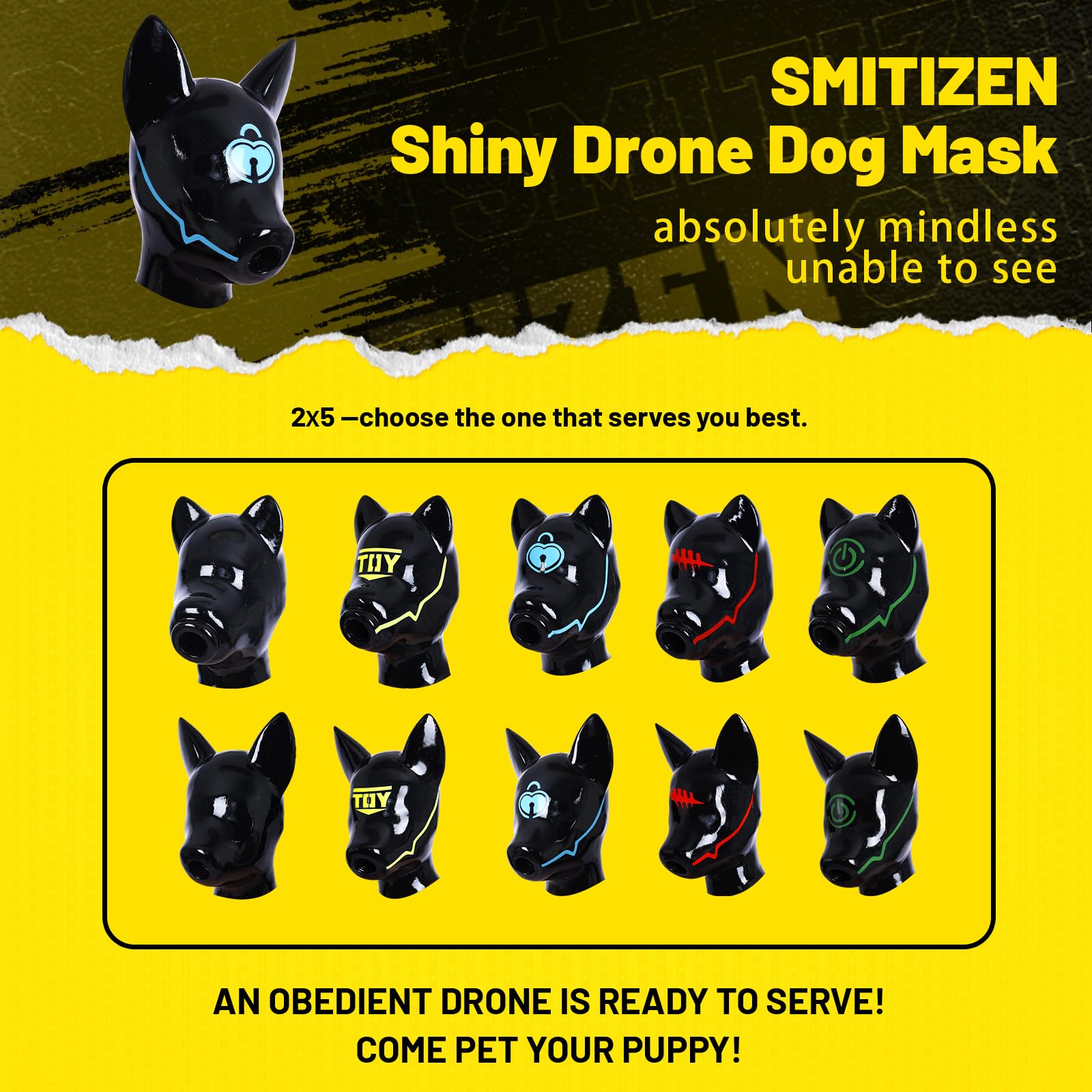 SMITIZEN Latex-like Silicone Drone Dog Mask, Shiny Full Face Rubber Hood, Breathable Gas Mask Puppyplay Gear Furry Fetish Art: Blue-long Ears