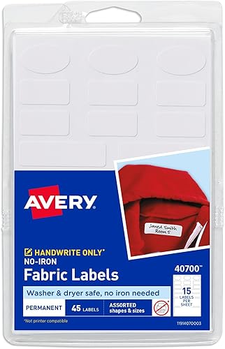 AVERY - Etiquetas para ropa infantil y guardería sin planchado aptas para lavadora y secadora 45 unidades 1 paquete 40700 color blanco