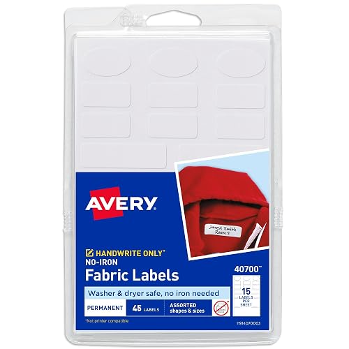 Avery No-Iron Fabric Labels, Assorted Shapes and Sizes, Washer and