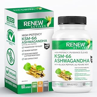 Renew Actives Ashwagandha KSM-66 Capsules - 60 Easy to Swallow Capsules of Ashwagandha Supplements with Black Pepper, Highest Potency & Max Bioavailability Ashwagandha Root Extract for Stress, Energy Support, Brain Supplement, and Sleep Aid - Made in Canada