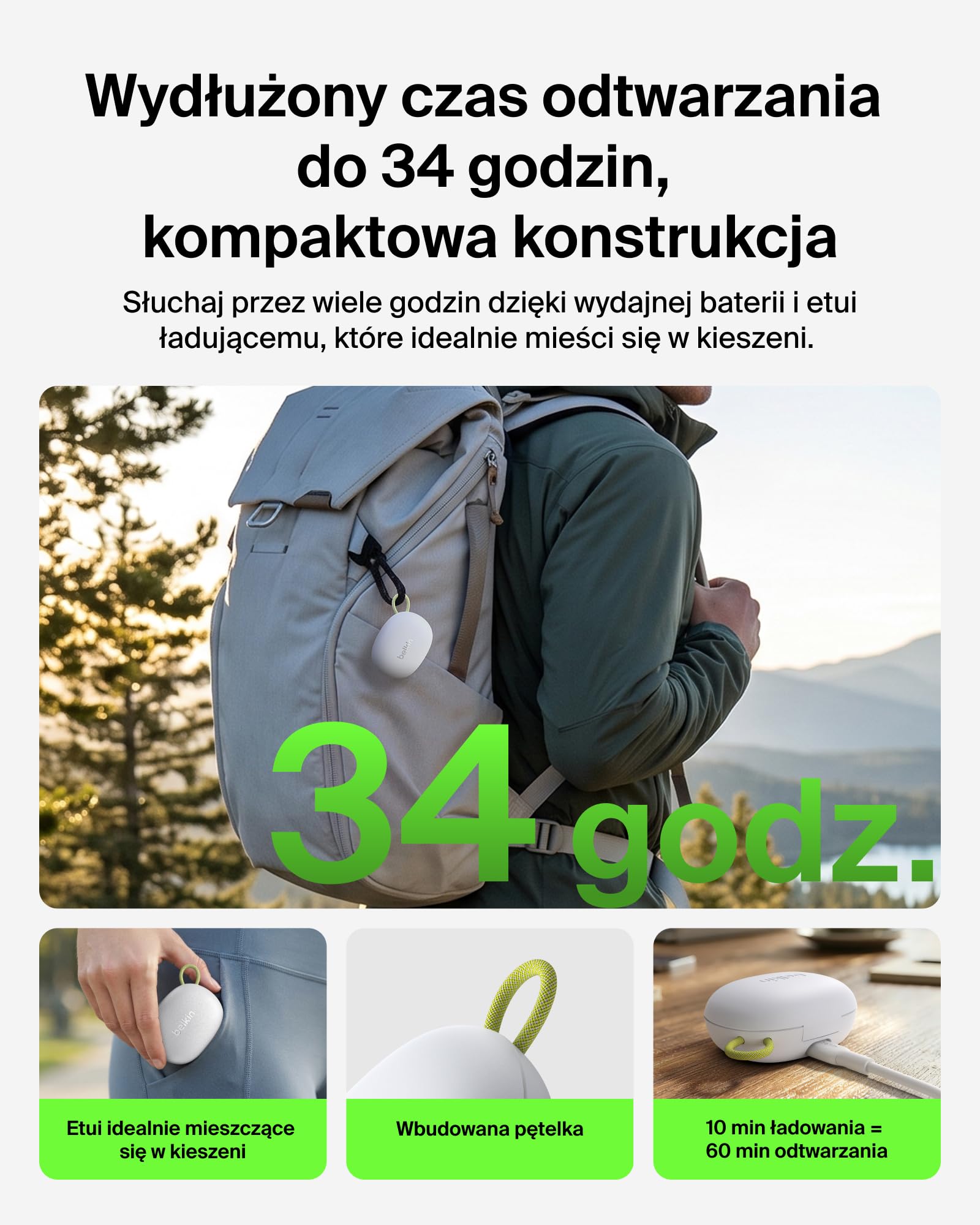 Belkin SoundForm Isolate Słuchawki Bezprzewodowe z ANC, Szare