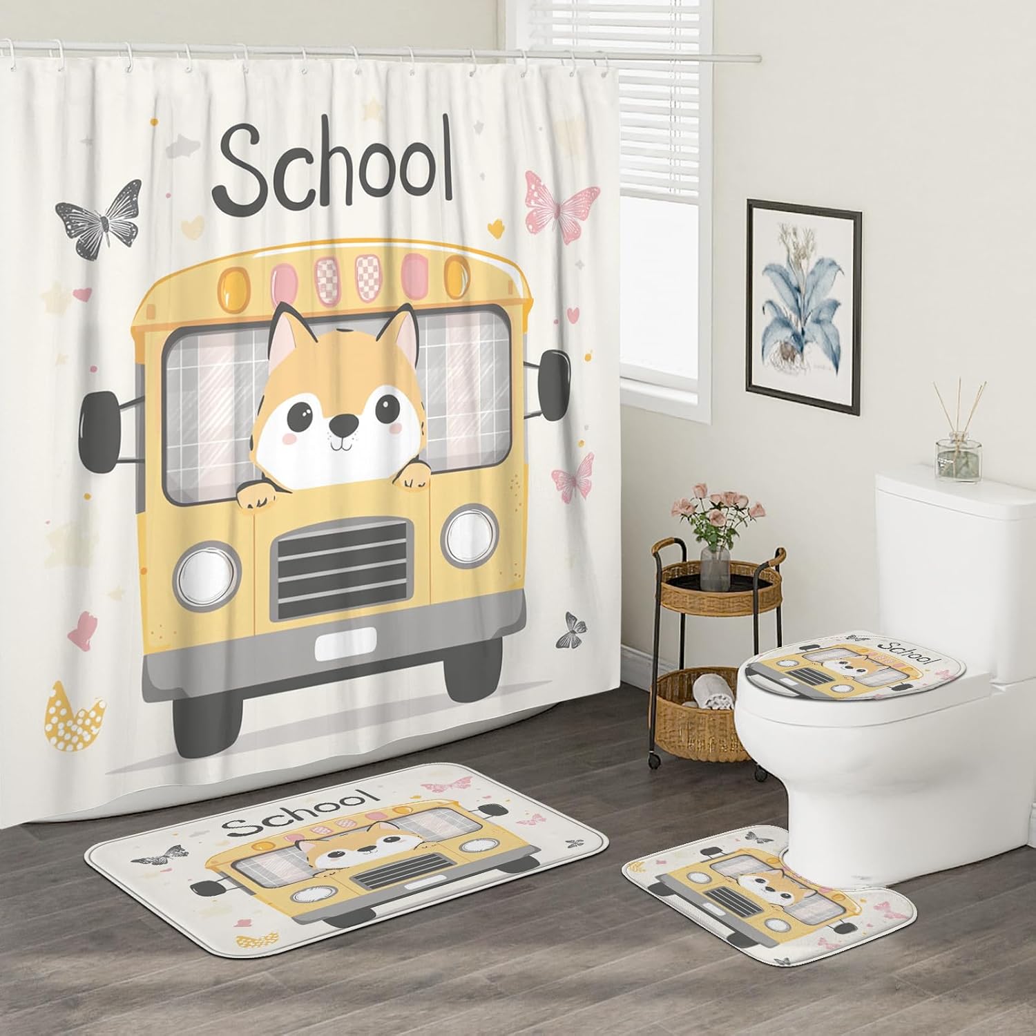 4PCS Cartoon Shiba Inu Dog Bathroom Accessory Sets with Non-Slip Rug, U Shape and Toilet Lid Cover Mat, Kid School Bus Bathroom Fabric Decor-72''x72''