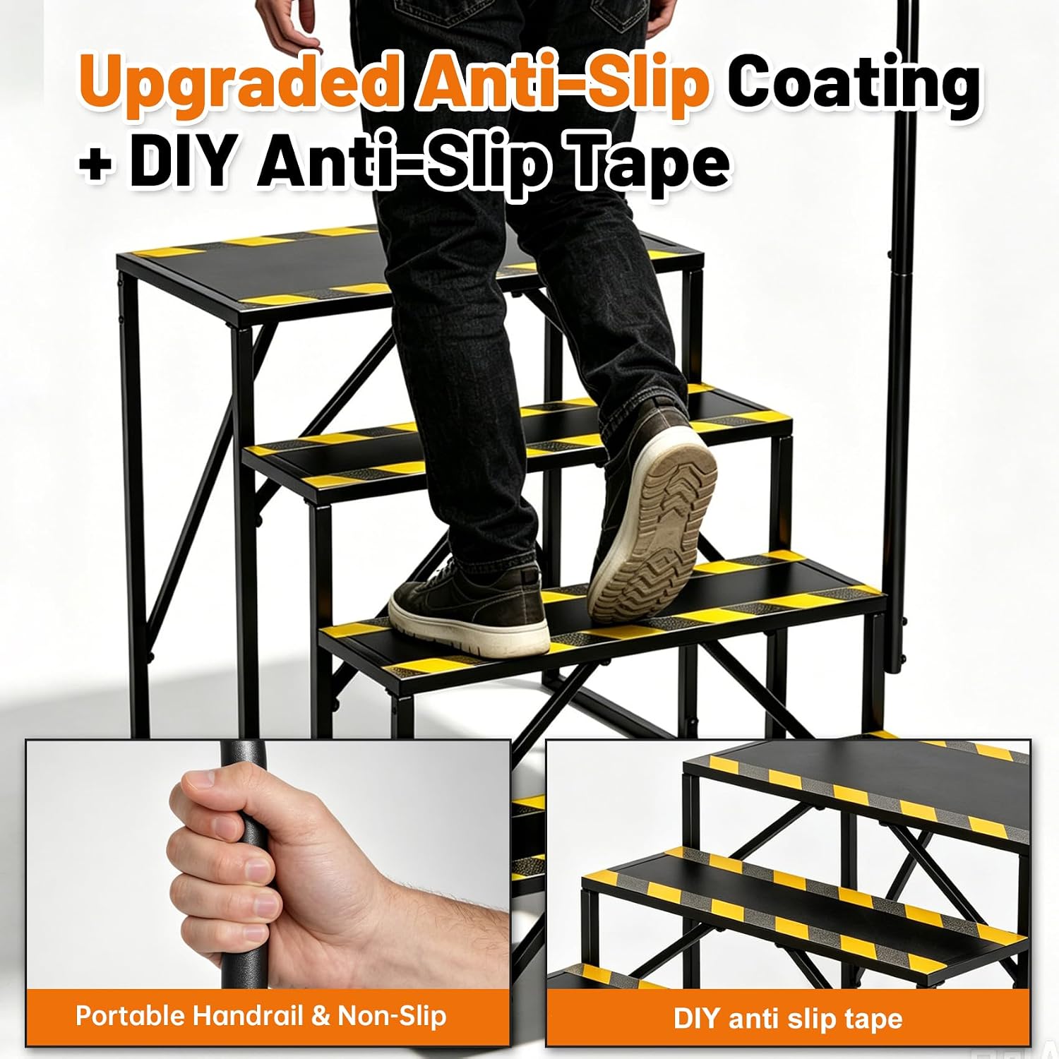 RV Steps with Handrail, 660 LBS Hot Tub Stairs, Heavy Duty Anti-Slip Steps for Pool, Garden, Mobile Home, Warehouse, Porch, Stairs for Outdoor Indoor Use (4-Step)