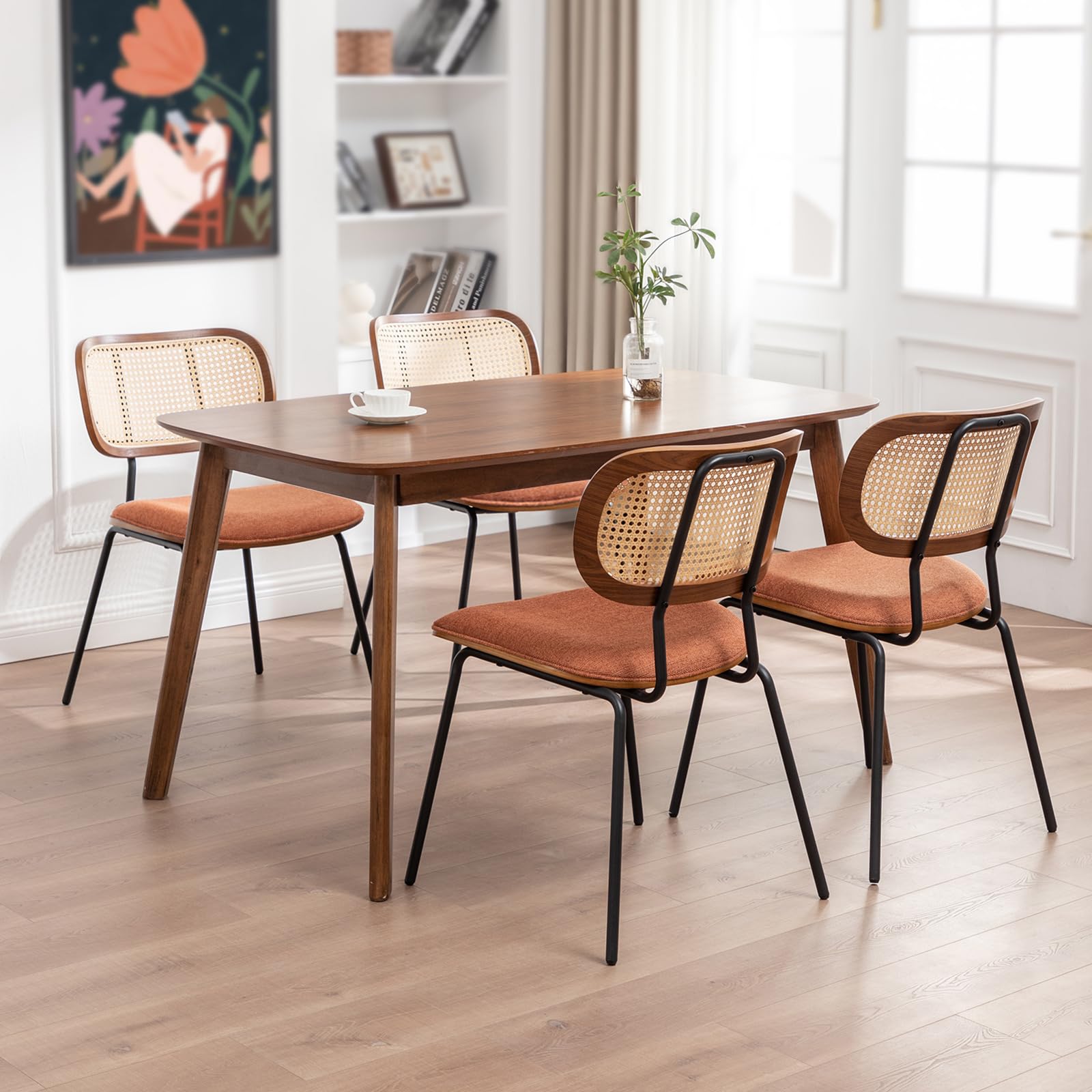 AQG Rattan Dining Chairs Set of 4, Mid Century Modern Dining Chairs, Cane Back Chairs, Cane Back Leather, Kitchen & Dining Room Chairs with Metal Legs