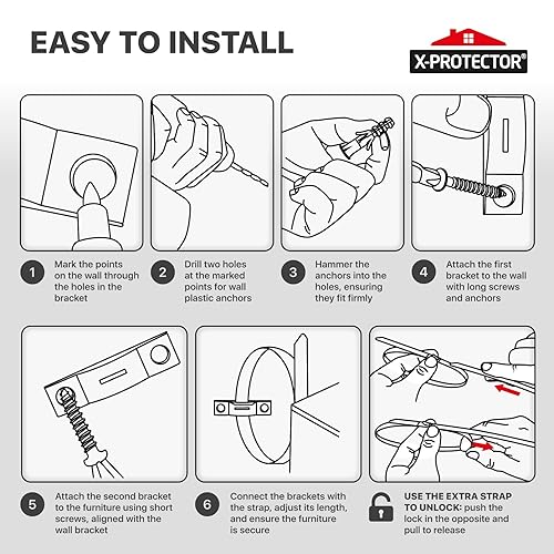 Miniatura 7 de X-Protector Anclajes para muebles a prueba de bebés  Paquete de 10 piezas  Anclaje de pared de metal para muebles  Anclajes de pared a prueba de