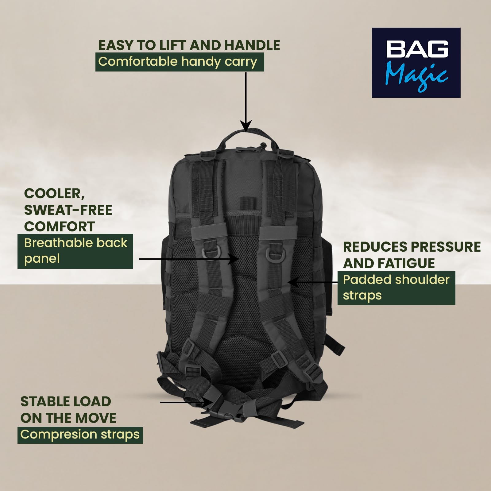 Military Tactical Backpack 21L – Heavy Duty Multi-Pocket MOLLE Rucksack with 180° Opening, Padded Breathable Back Panel, Adjustable Straps & Durable Zip Storage for Travel, Gym & Outdoor Use – Black - 4