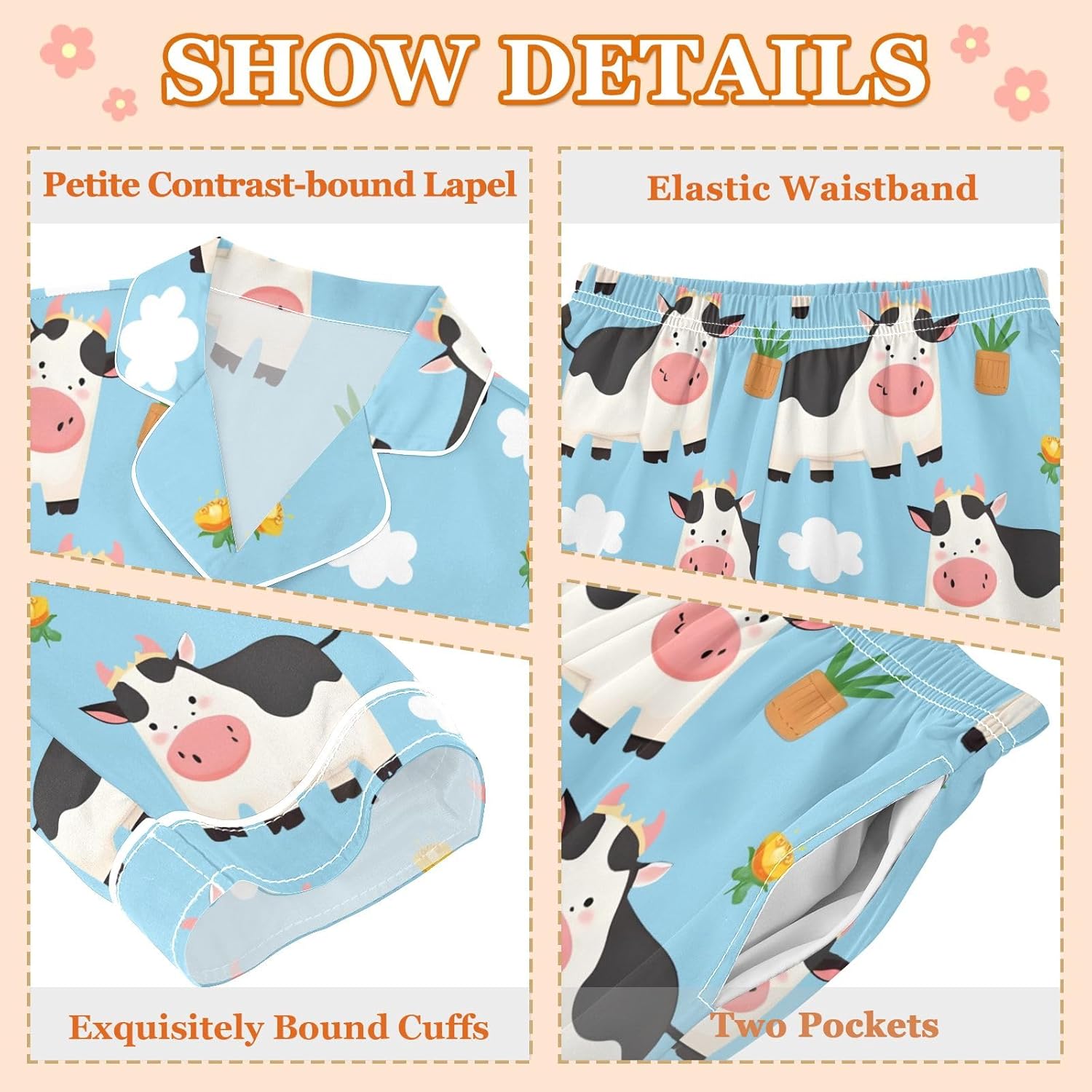 Kids Casual Satin Wear Set Cute Cow Carrots Pattern Unisex Relaxed Fit Clothing