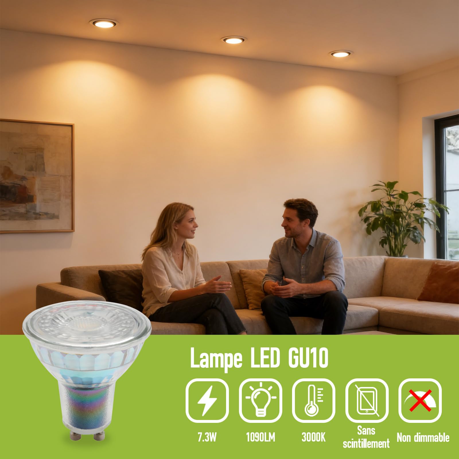 Ampoules LED GU10 7.3W Équivalent Halogène 55W 1090 Lumens Lampe à Réflecteur Blanc Chaud 3000K 30° Spot Ampoule GU10 Led Efficacité Energétique Non dimmable AC 230V Lot de 10