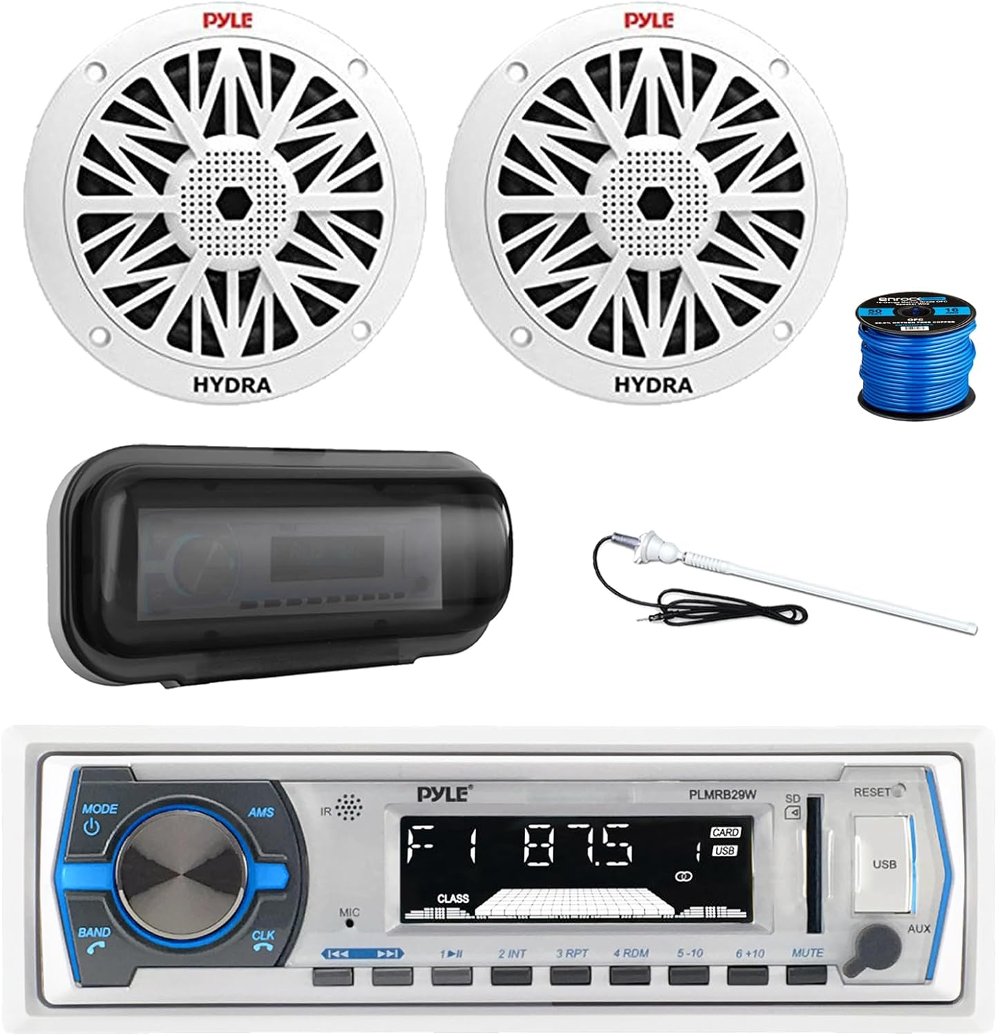 Pyle PLMRB29W Marine Single DIN Bluetooth MP3 Stereo Receiver, Radio Cover, 2X 6.5 200 Watt Peak Full Range 2-Way Waterproof Audio Speakers w/Wire, Long Range Antenna