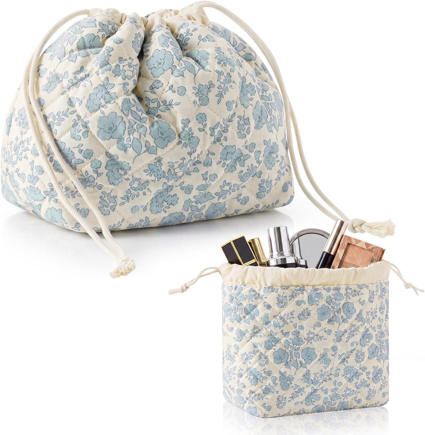 Huhumy Drawstring Makeup Bag, Blue Quilted Floral Aesthetic Quilted Cosmetic Pouch with Mesh Inner Pockets, Travel Toiletry Bag, Drawstring Pouch Gift for Women