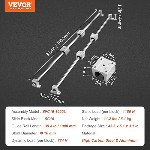 Miniatura 7 de VEVOR Diapositiva de riel lineal SFC16-39.370 in 2 PCS 39.4 in1000mm SFC16 Rieles guía 4 piezas SC16 Bloques deslizantes 4 piezas de rieles lineales