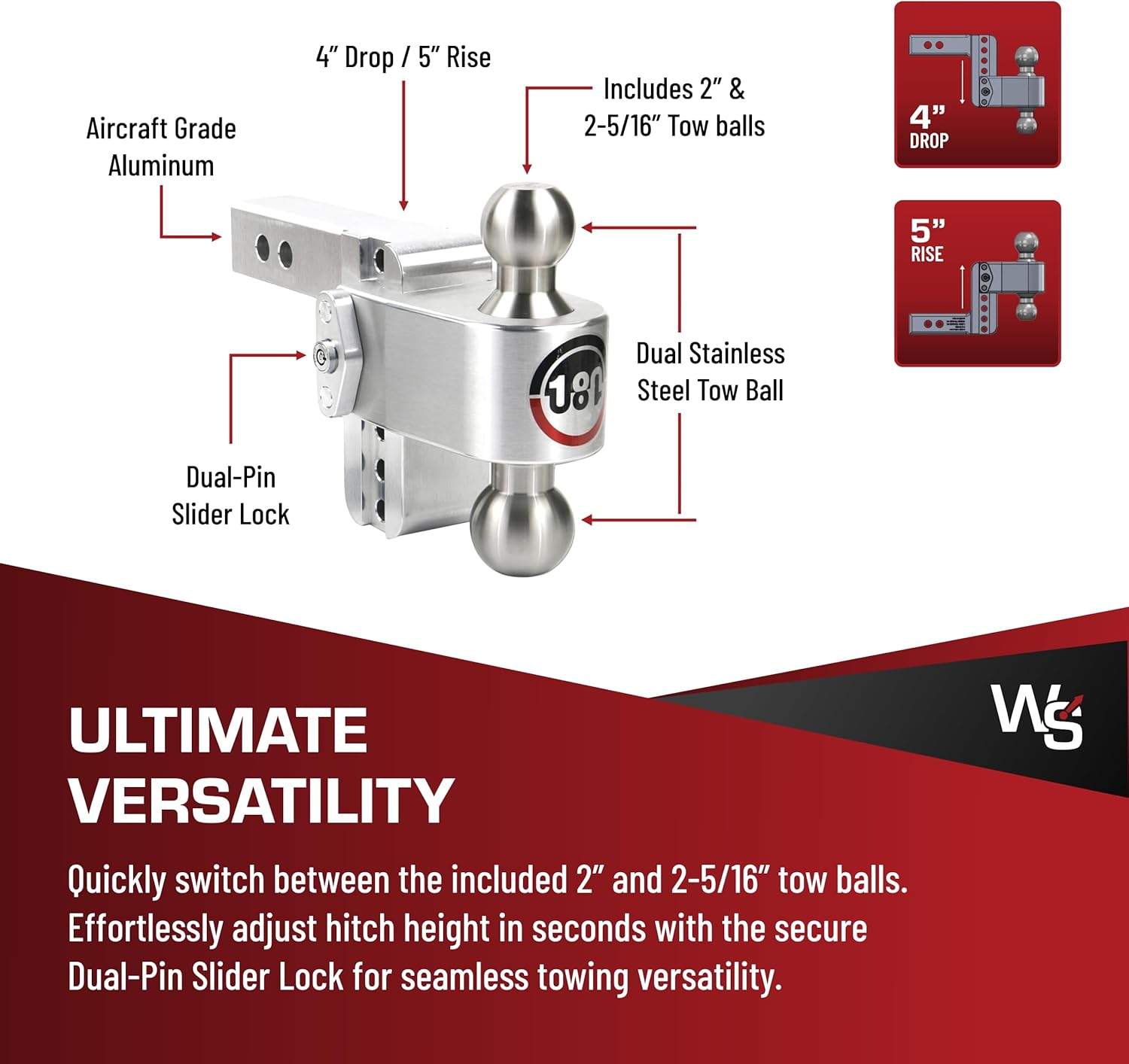 Weigh Safe Adjustable Trailer Hitch Ball Mount - 4" Adjustable Drop Hitch for 2" Receiver - Premium Heavy Duty Aluminum Trailer Tow Hitch w/ Stainless Steel Tow Balls (2" & 2 5/16") - 12,500 lbs GTW