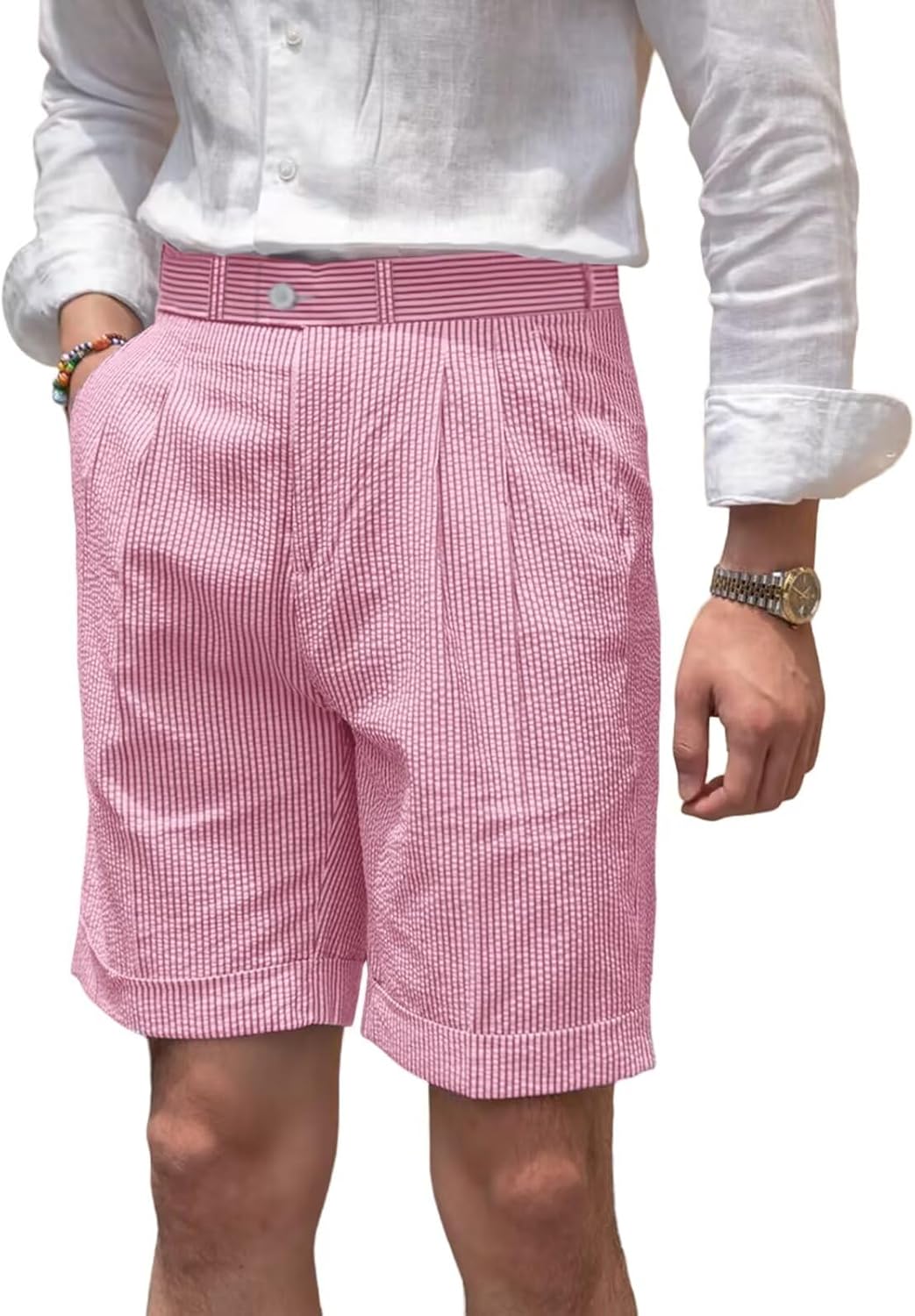 Classic Mens Summer Seersucker Shorts Striped Slim Fit Flat Front Walk Short Pants Flat Front Shorts