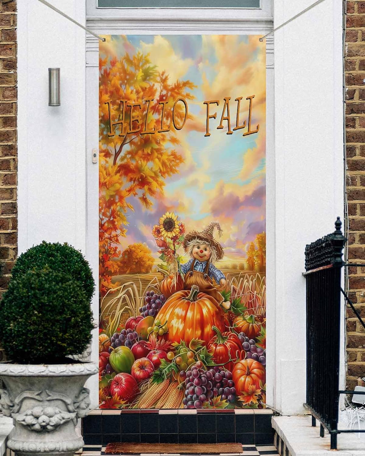 Fall Scarecrows Door Cover Decorations, Welcome Front Door Backdrop, Autumn Thanksgiving Farm Pumpkins Fruit Hanging Banner Sign for Holiday Party Supplies Indoor Outdoor Door Decor 35.4x71 Inch