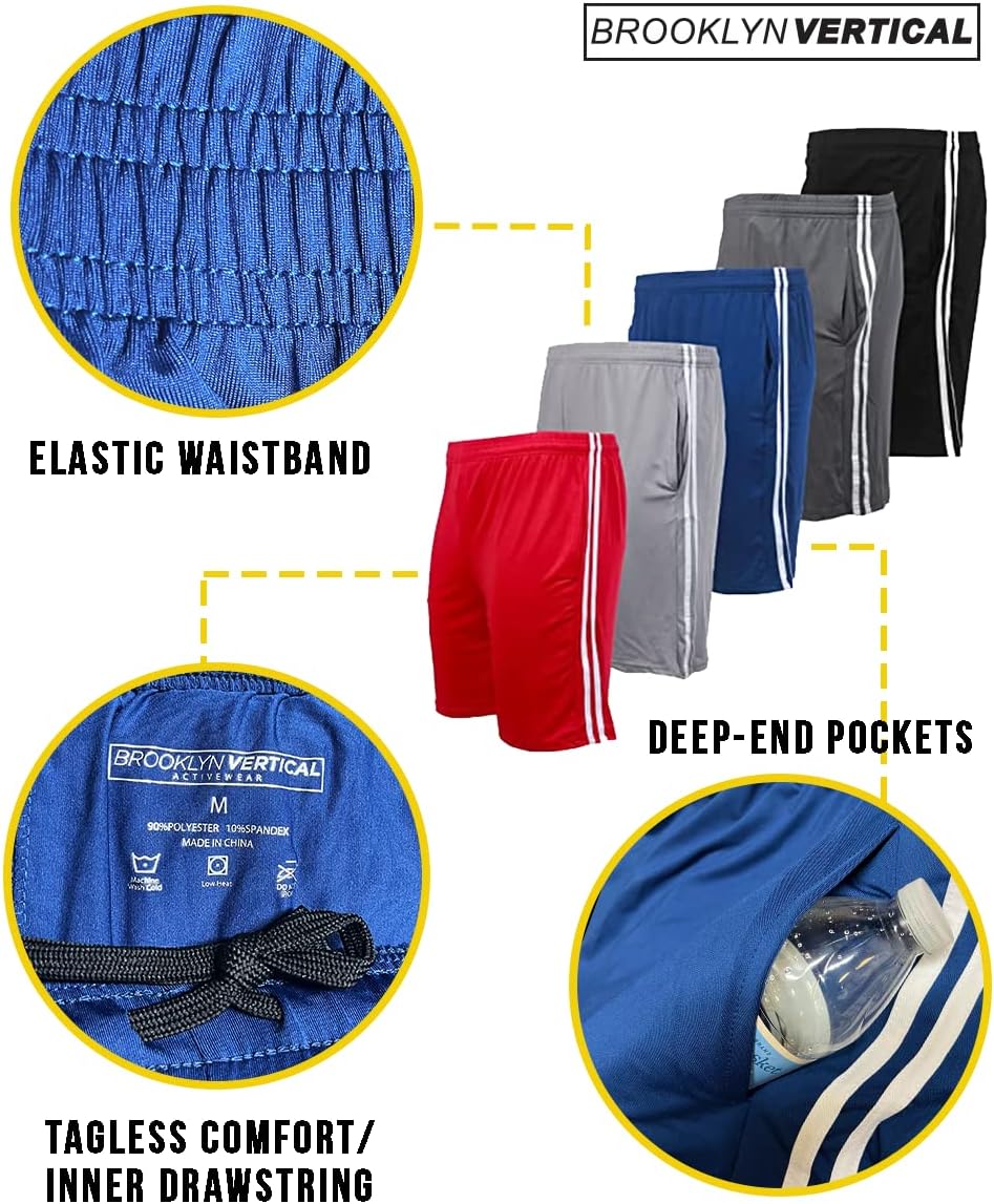 BROOKLYN VERTICAL Boys 5-Pack Athletic Mesh Basketball Shorts with Pockets| Sizes 2T to 18/20 - Image 2