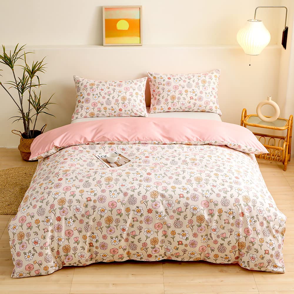 ENEN Juego de Ropa de Cama Estampado de Floral, con1 Funda de Edredón, 1 Sábana Bajera Ajustable y 1/2 Fundas Almohada, Juego de Funda Nórdica de Microfibra Suave (Rosa 1,Cama 90: 150x200cm)