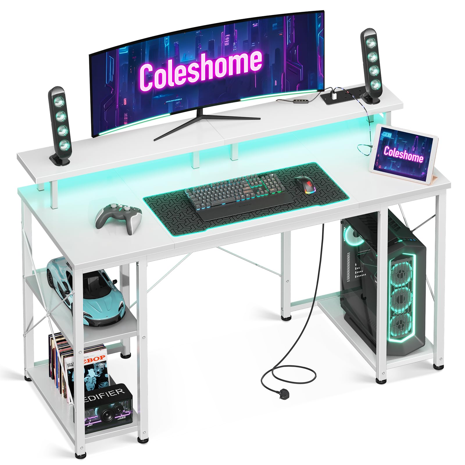 Coleshome Gaming Desk with LED Lights, 120x50 cm Computer desk with Power Outlets, Gaming PC Table with Monitor Stand, Storage Shelves, CPU Stand, White