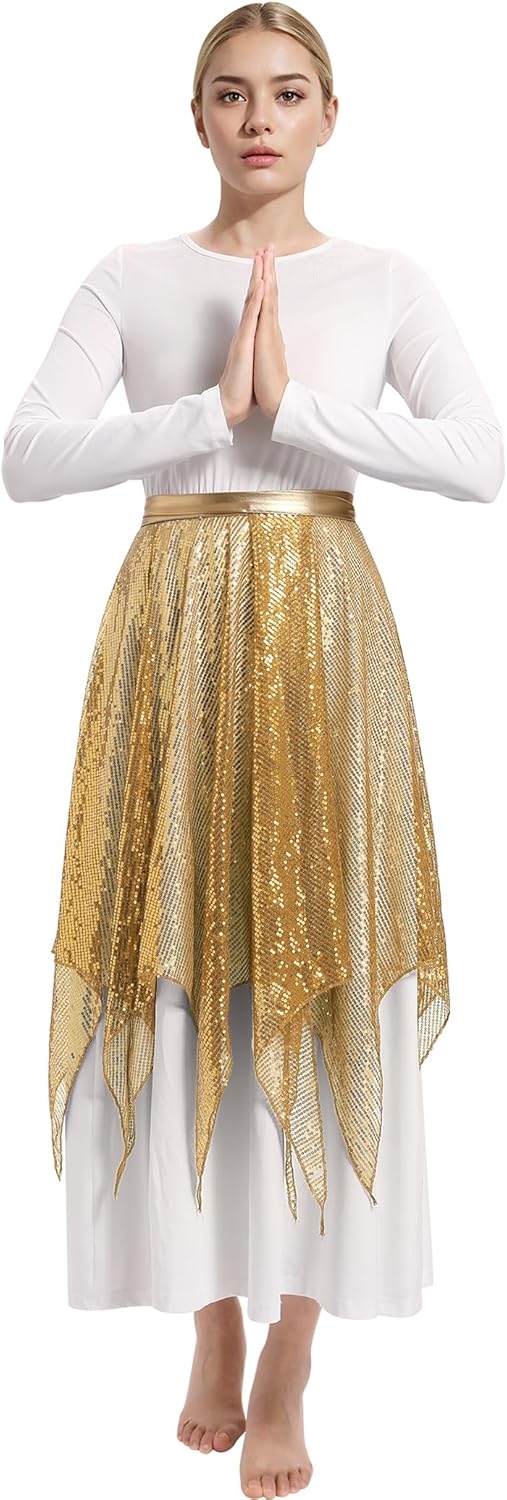 IBAKOM Praise Dance Dress for Women with Warp Skirt Metallic Waist Long Worship Dance Overlay and Tunic Liturgical Dancewear - Image 6