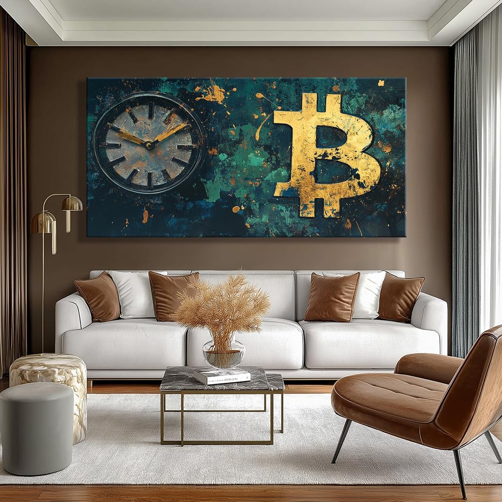 Gold Retro Bitcoin Clock Wall Art Modern Canvas Painting Prints Artwork Office Hallway Bedroom Living Room Decor