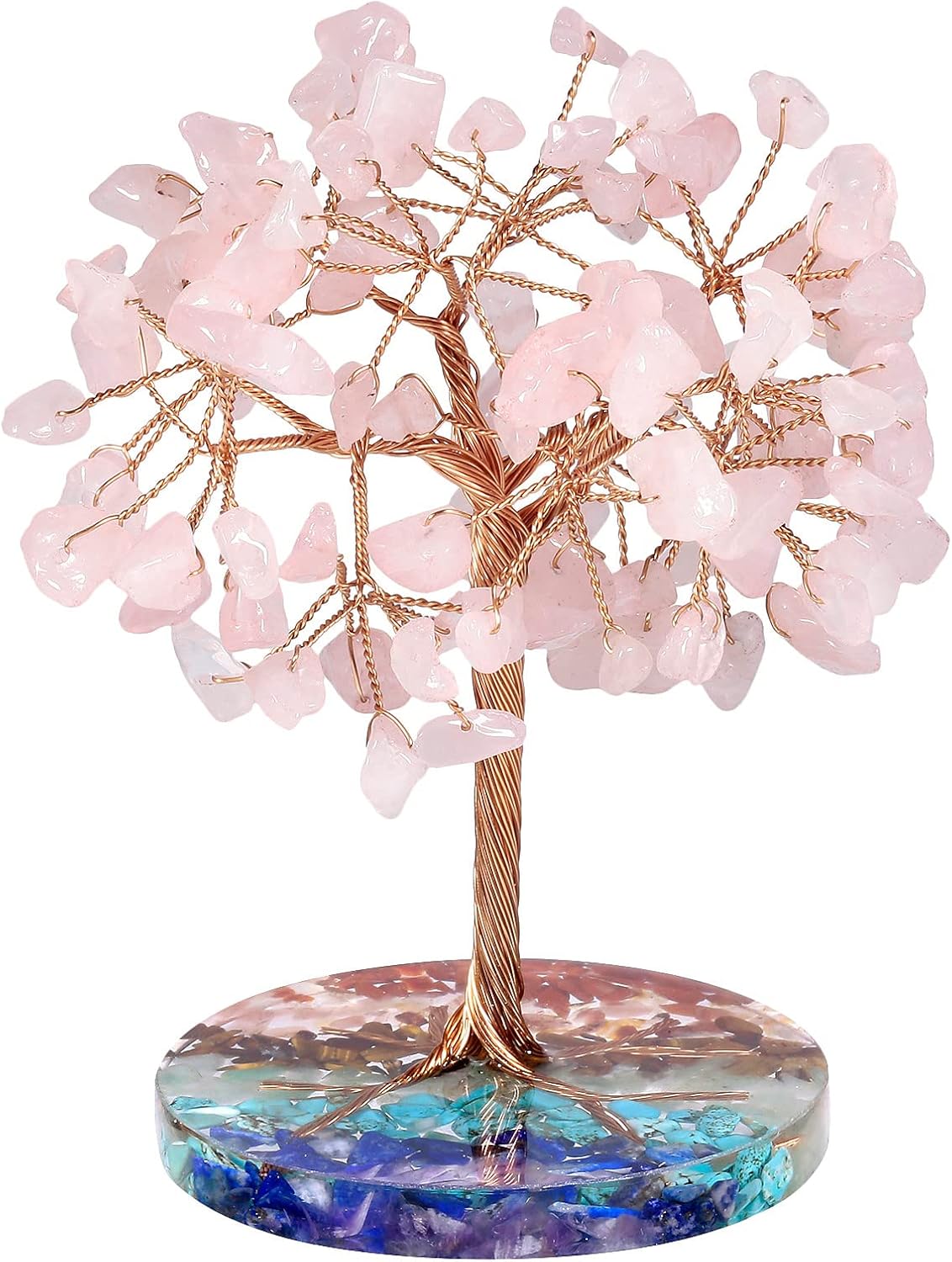 rockcloud Rose Quartz Crystal Copper Wire Money Tree with Round Colorful Resin Base, Handmade Bonsai Stone Tree for Office Home Table Decorations, Pink