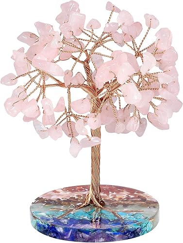 rockcloud Árbol de dinero de alambre de cobre con cristal de cuarzo rosa con base redonda de resina colorida, árbol de piedra bonsái hecho a mano