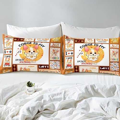 Miniatura 4 de Juego de ropa de cama de Corgi para niños, tamaño individual para niñas y niños, funda de edredón de perro de dibujos animados, funda de edredón