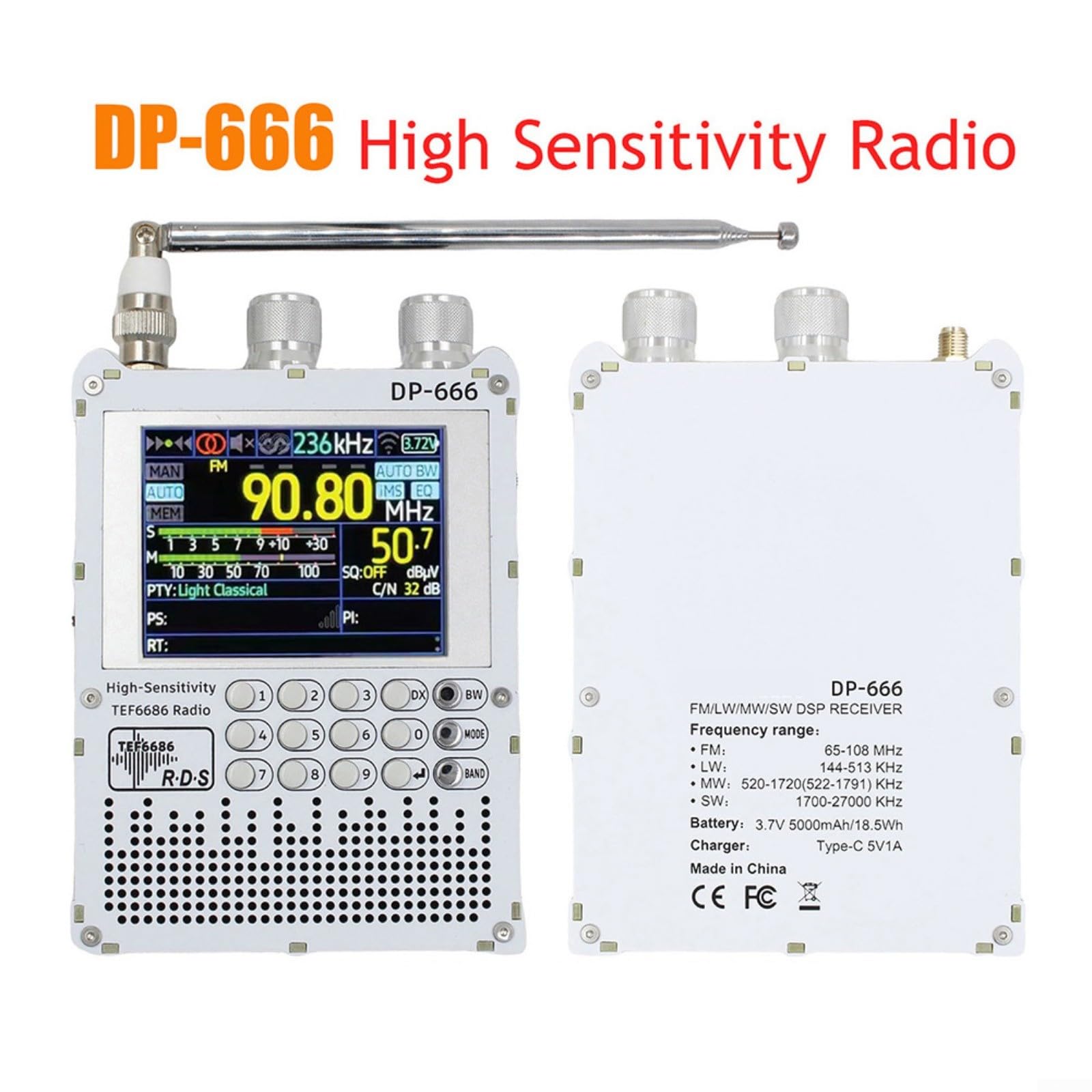 DP-666 TEF6686 Hochempfindliches Radio Vollband-FM-AM-FM-Kurzwellenradio(White1)