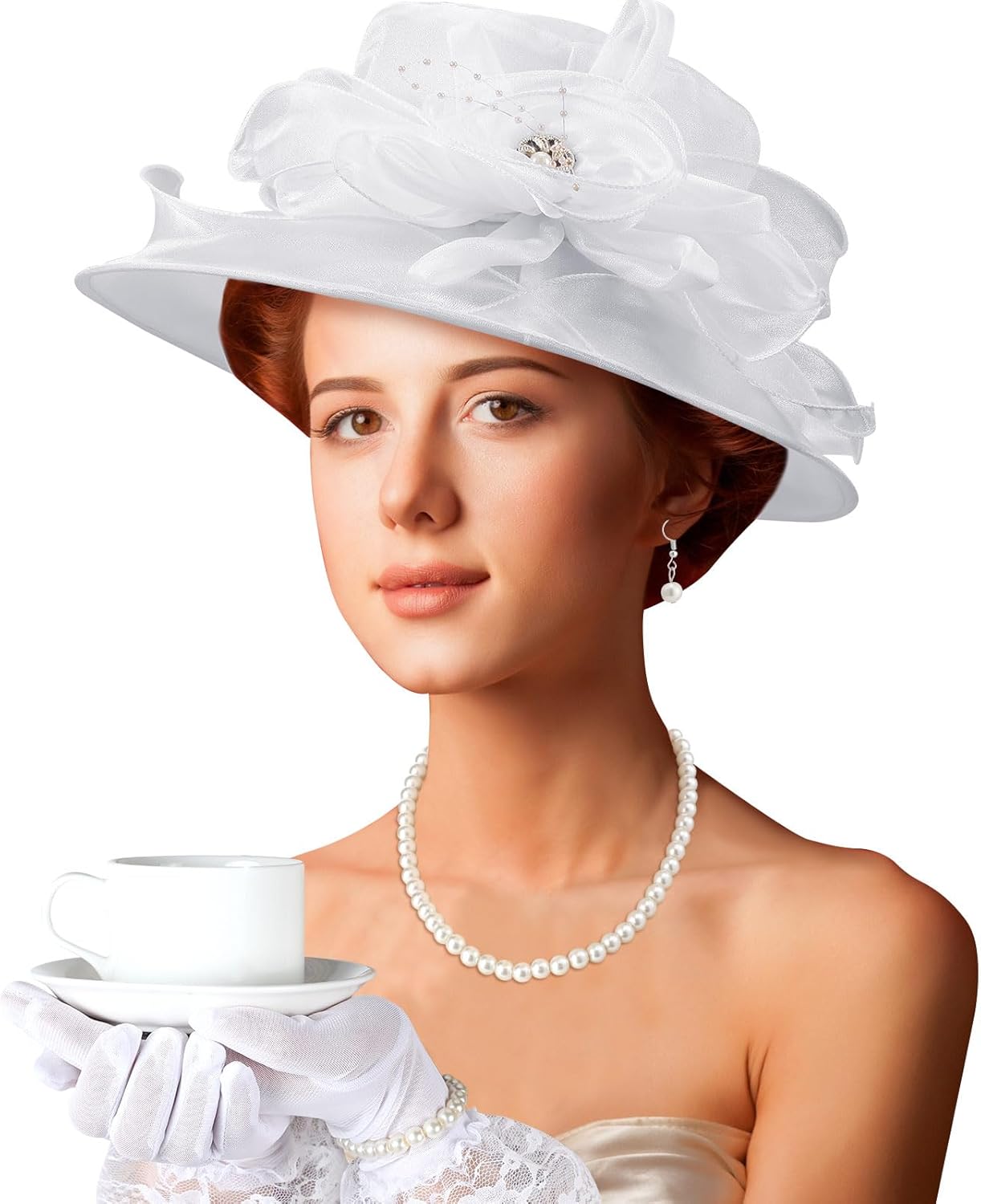 Aurelema 5 Pcs Derby Fascinator Hat Gloves Set for Women Tea Party with Pearl Necklace Bracelet and Earring