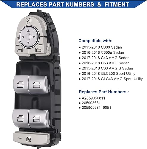 Miniatura 2 de Obaee Master - Interruptor de elevalunas eléctrico delantero para lado del conductor compatible con Mercedes-Benz C300, C350e, C43 AMG, C63 AMG, C63