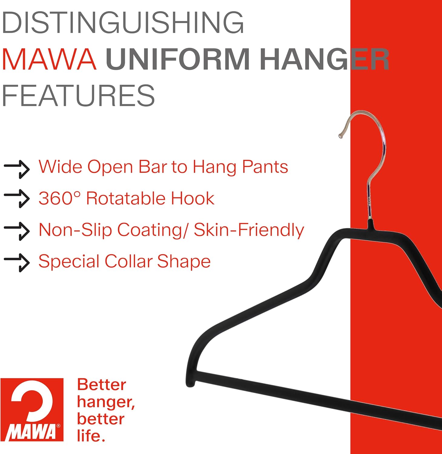 Mawa Heavy Duty Coat/Uniform Steel Hanger with Collar Support, Model 45FS, Non-Slip Grip, Rotating Hook, 17.25 inch Wide Hanger with Pant Bar, Black, Set of 2