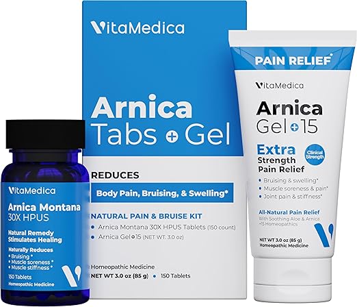 VitaMedica Arnica Montana Tablets & Arnica Gel Bundle for Natural Pain, Bruising, and Swelling - 150 Rapid Dissolve Tablets / 3 Ounce Water-Based Gel - Made in USA