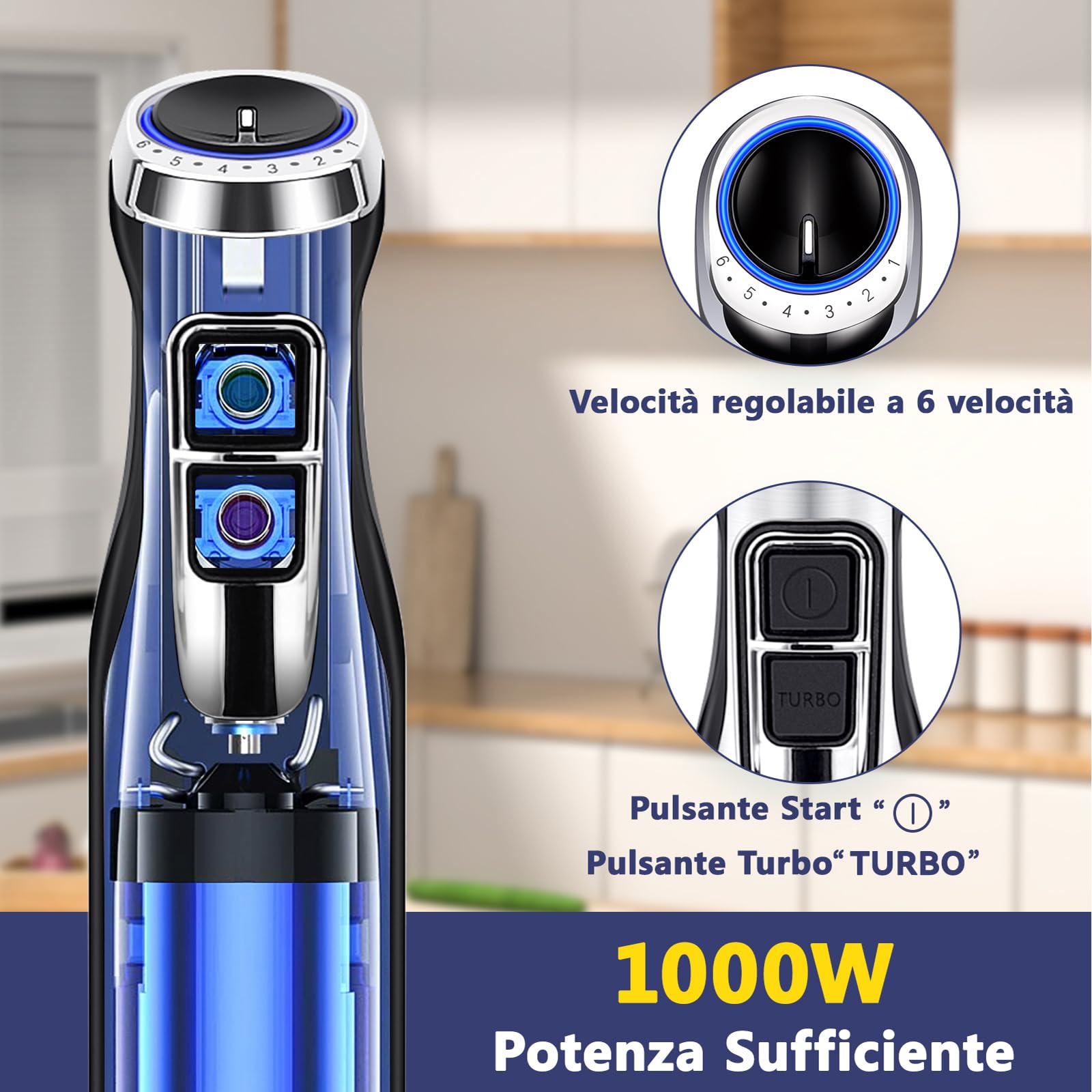 Aigostar Buckle - Frullatore a immersione 4 in 1 da 1000 W. Mixer subacqueo con 6 velocità + Turbo. Mixer multifunzione con tritacarne da 500 ml, misurino da 600 ml e frusta, senza BPA