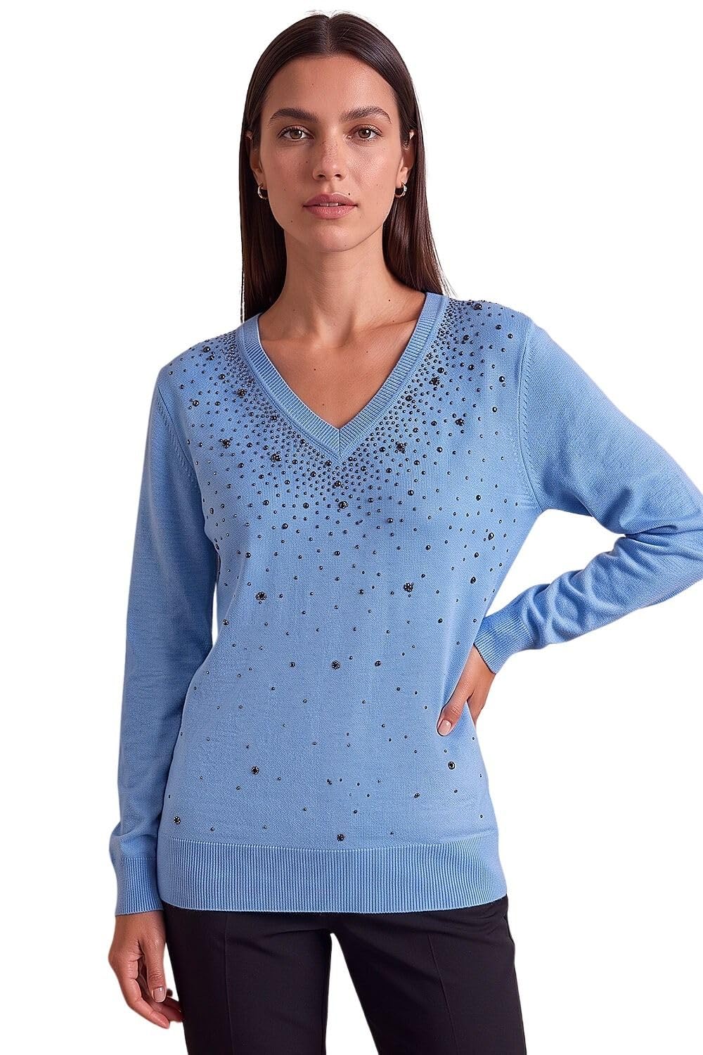 Roman Sparkly Jumper for Women UK - Ladies Sweater Smart Casual Lightweight V Neck Knitwear Knitted Knit Top Winter Office Work Shiny Glitter Party Going Out Sequin