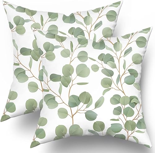 Juego de 2 fundas de almohada de hojas verdes salvia primaveral de 16 x 16 pulgadas, fundas de cojín de acuarela floral de eucalipto, hojas de
