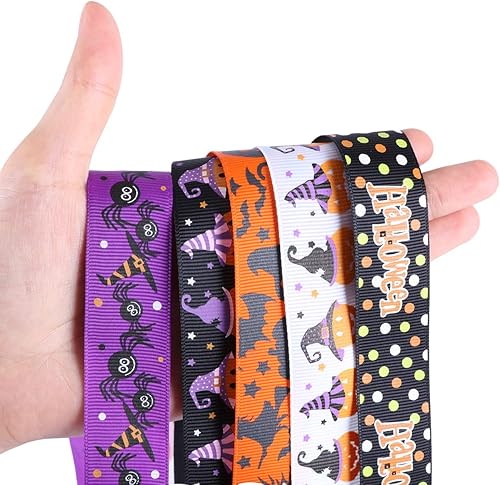 Miniatura 2 de Cinta de grogrén de Halloween de 30 yardas, cinta de tela con alambre, murciélagos y arañas, impresa, cintas de grogrén de 1 pulgada, manualidades,