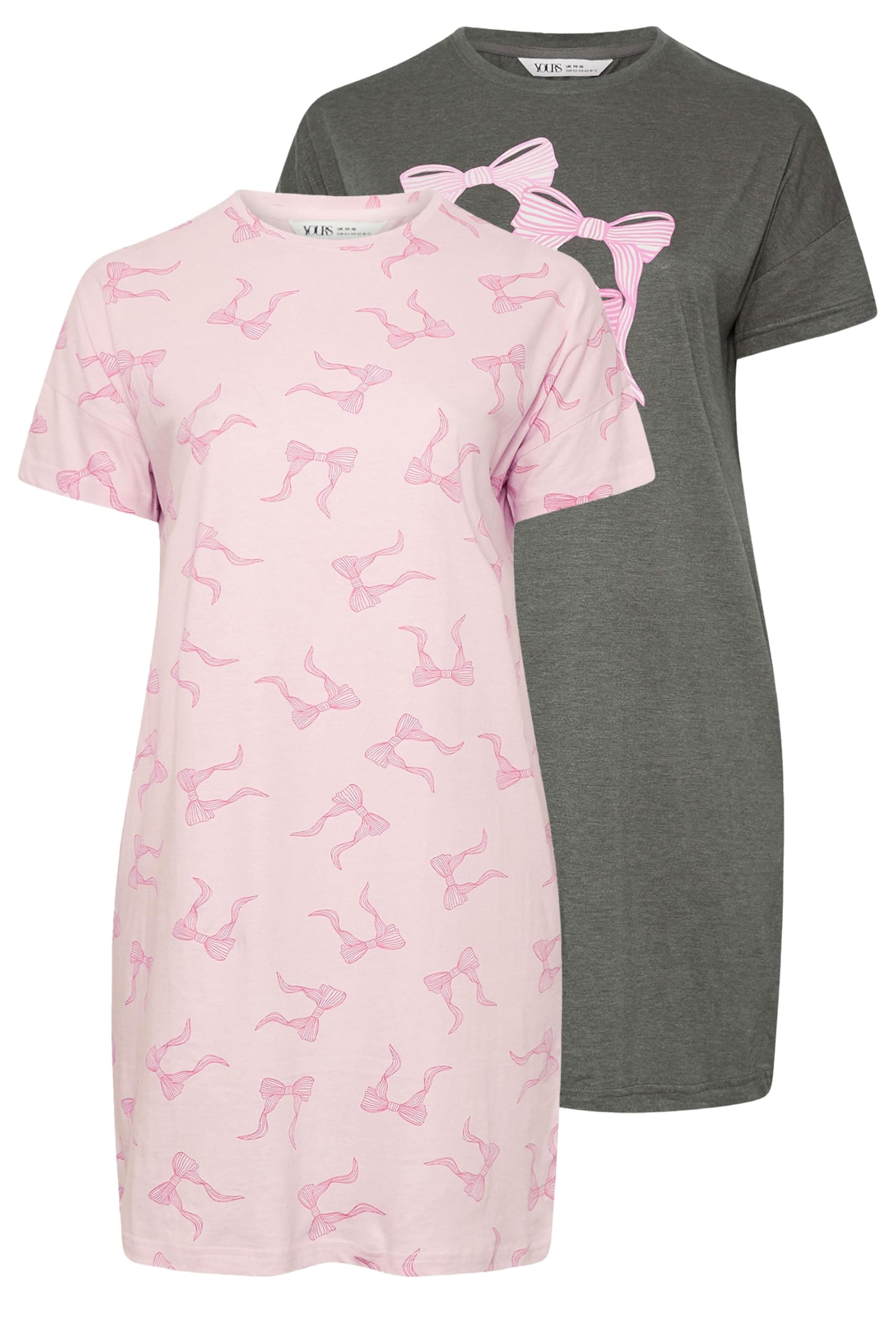 Yours Women's Grey Yourset Curve 2 Pack & Pink Bow Print Nightdresses - Plus Size Curve