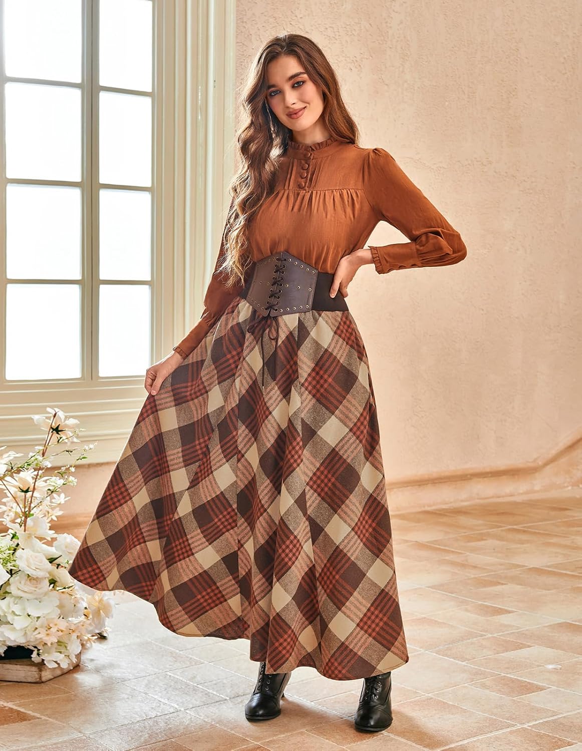Scarlet Darkness Long Plaid Skirts for Women High Waist A Line Pleated Fall Maxi Skirts - Image 3