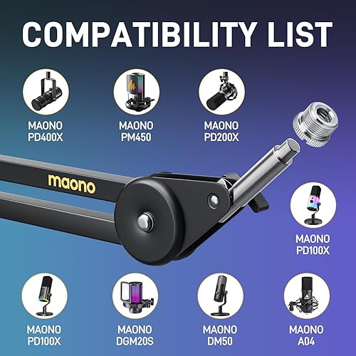 Miniatura 4 de MAONO Brazo de brazo de micrófono soporte de micrófono de suspensión de metal ajustable resistente con abrazadera de escritorio mejorada y adaptador