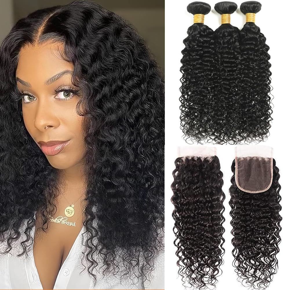 Water Wave Human Hair Bundles with Closure (12 14 16+10) Brazilian Virgin Human Hair Curly Bundles with 4x4 HD Lace Closure Wet and Wavy Free Part