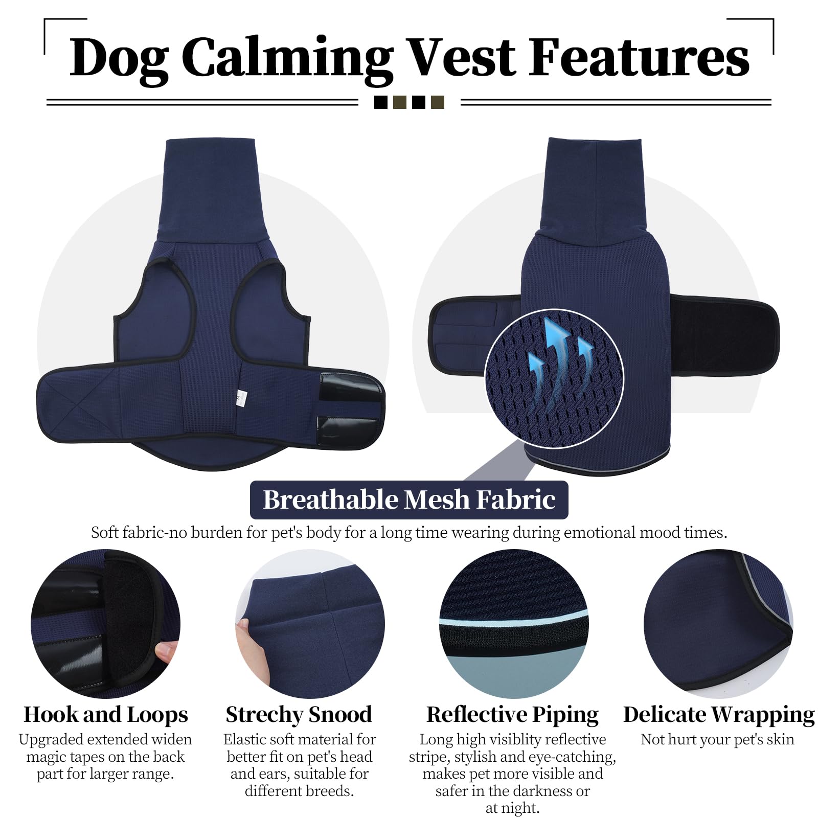 ROZKITCH Veste pour Chiens, Gilet apaisant Contre l'anxiété pour Chiens, Chemise Respirante pour séparation, Feux d'artifice et Voyage, Enveloppement Confortable, Bleu Marine, Taille L
