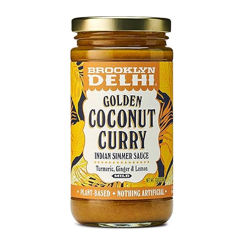 Brooklyn Delhi Golden Coconut Curry - Salsa de cocción india con cúrcuma jengibre limón y cilantro - 12 onzas - Lo suficientemente suave para un