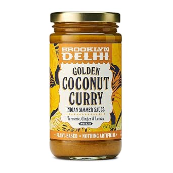 Brooklyn Delhi Golden Coconut Curry - Indian Simmer Sauce with Turmeric, Ginger, Lemon, Coriander - 12 Ounces - Mild Enough for a kid, Flavorful Enough for a Foodie - Vegan - No Artificial Additives