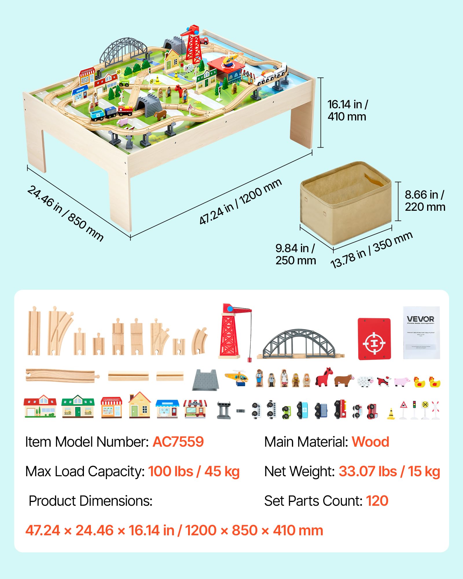 VEVOR Holz Aktivitätstisch, 120-teilig, mit zusammenklappbarem Aufbewahrungsbehälter, 3-in-1-Eisenbahn-Set zum Spielen, Malen, Lesen, Essen, kreatives Spielzeug-Set für Kinder ab 3 Jahren