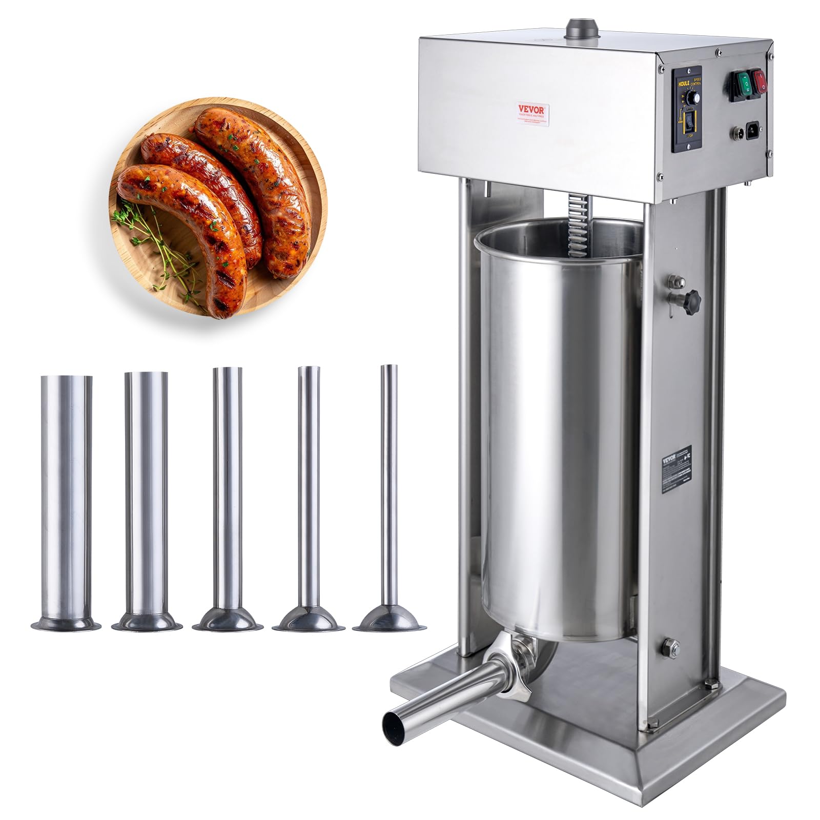 VEVOR Electric Sausage Stuffer, 25 L / 55 LBS Vertical Meat Stuffer, 400W Motor, Stepless Speed Control and Foot Pedal, Made of Food-grade 304 Stainless Steel, 5 Stuffing Tubes for Home, Commercial