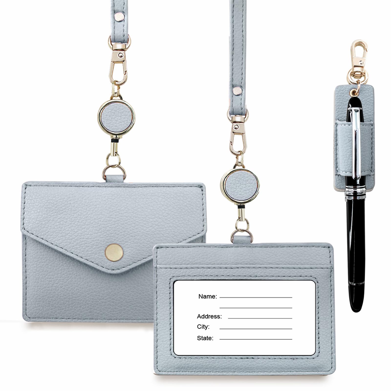 Office Badge Holder - Boshiho Genuine Leather Credit ID Card Holder with Stretch Neck Lanyard and Pen Clip (Horizontal-Grey)
