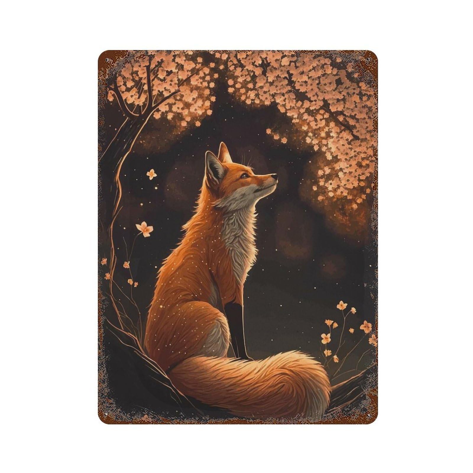 Fox 15.7"x11.8" Distressed Metal Wall Sign, Shabby Chic Decor for Shed, Workshop And Garage Wall Decor