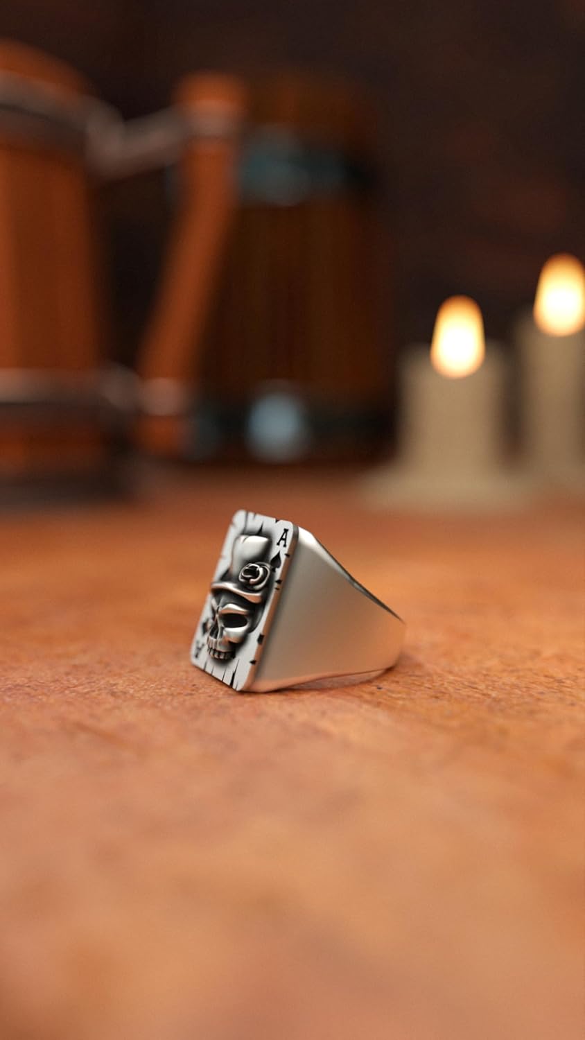 Ace of Spades Skull 925 Sterling Silver Ring Edgy Card-Inspired Jewelry Handcrafted Design Perfect for Gamblers and Rock-n-Roll Enthusiasts