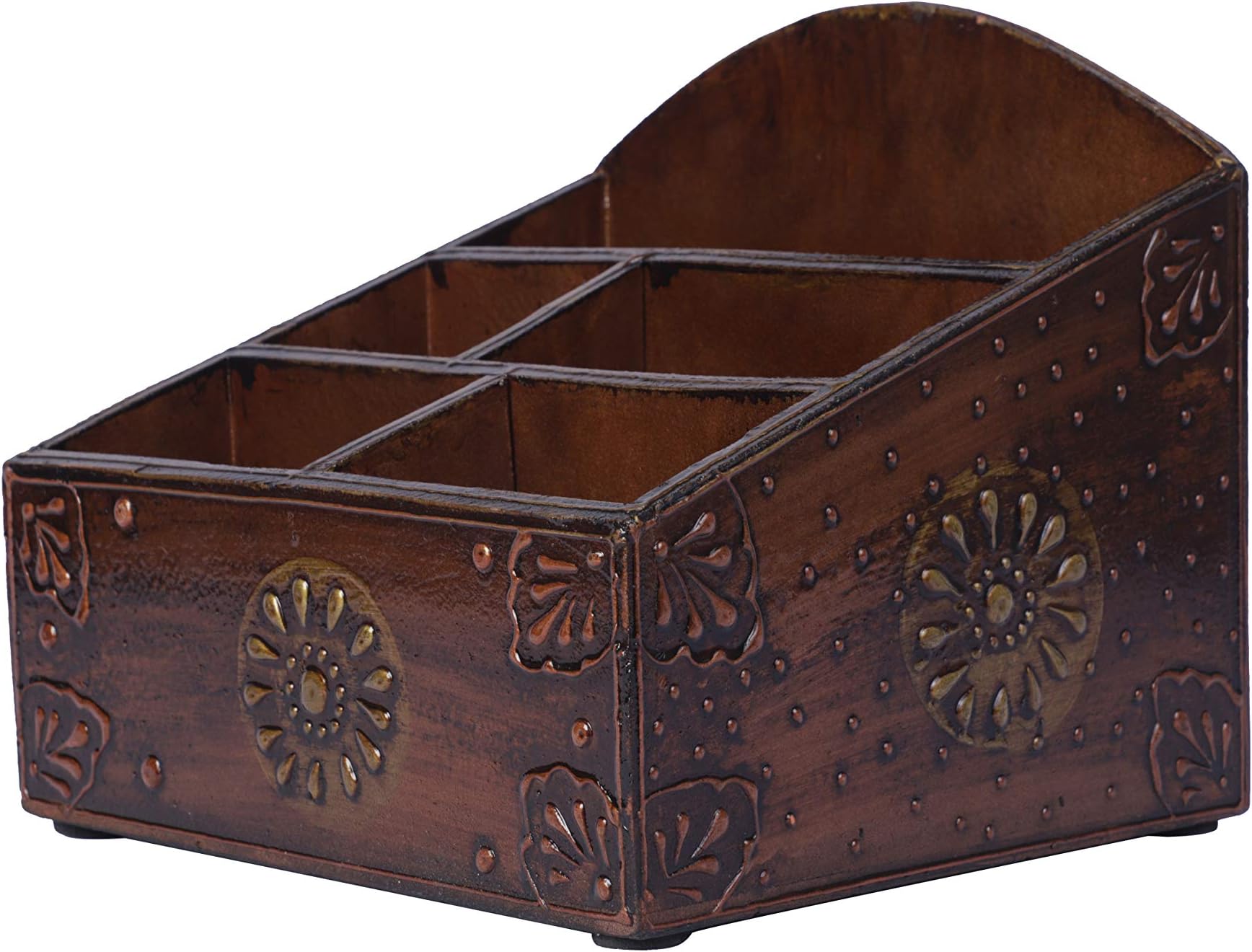 HappyGenie Hand Painted Wooden Desk Organizer for Office, Home & Kitchen, Art Supplies,Stationery, Makeup(Cosmetics) - 22cm (L) x21cm (W) x 18 cm (H) - (Rustic Copper Finish with Golden Tint)